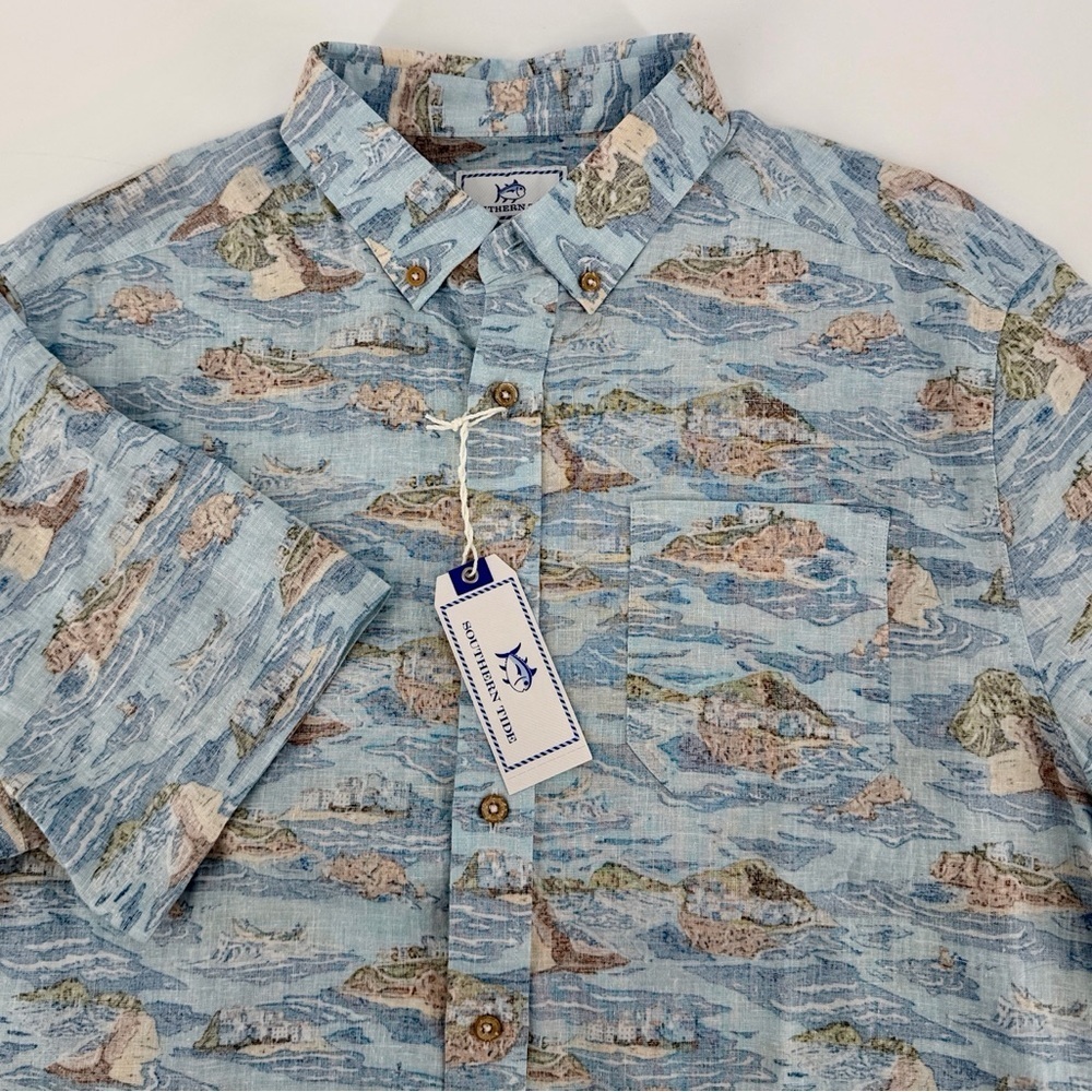Southern Tide Size Medium Linen Rayon Aquamarine Pierside Sport Short Sleeve NWT